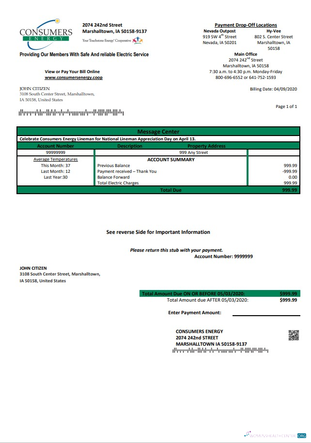 download download USA Iowa Consumers Energy utility bill template in Word and PDF format PDF template PDF template